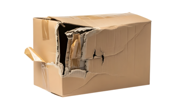 Damaged Cardboard Shipping Box with Torn Edges and Tape isolated on a transparent background cardboard box
