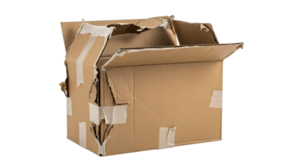 Damaged cardboard shipping box with torn edges and white tape isolated on a transparent background cardboard box