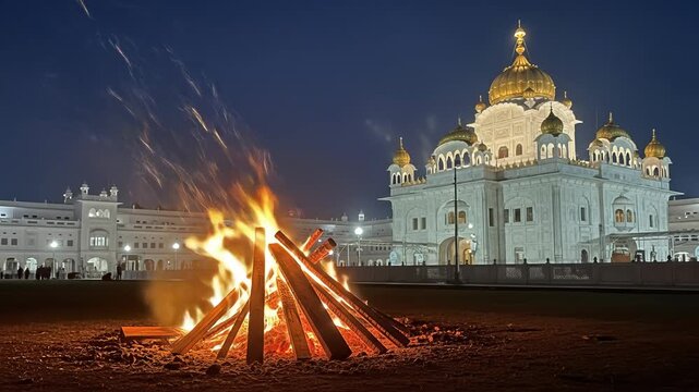 Majestic Lohri Bonfire at Gurudwara Celebrating Harvest Festival in India with Traditional Rituals and Golden Temple Backdrop