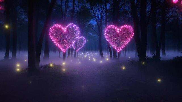 Mystical Bioluminescent Forest at Night with Glowing Heart Leaves