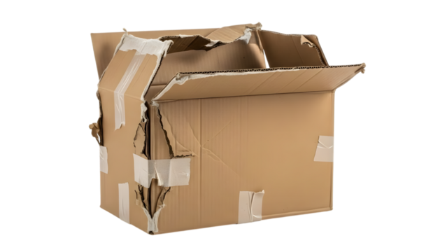 Damaged cardboard shipping box with torn edges and white tape isolated on a transparent background cardboard box