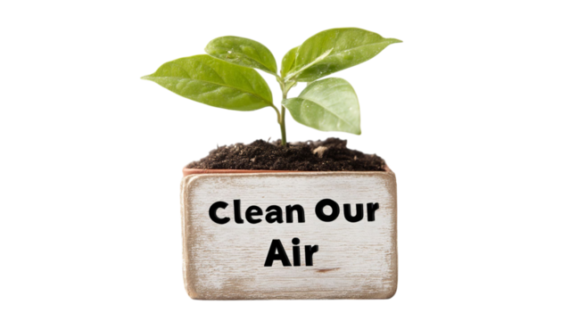 PNG of A vibrant green plant in a pot labeled 'Clean Our Air', symbolizing environmental awareness and sustainability.