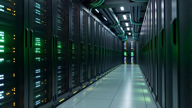Futuristic data center hallway with black server racks and glowing green neon lights in a cinematic 3D render, illustrating cloud computing concepts
