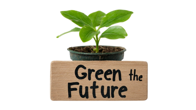 PNG of A small green plant symbolizing environmental growth with a sign reading 'Green the Future.'