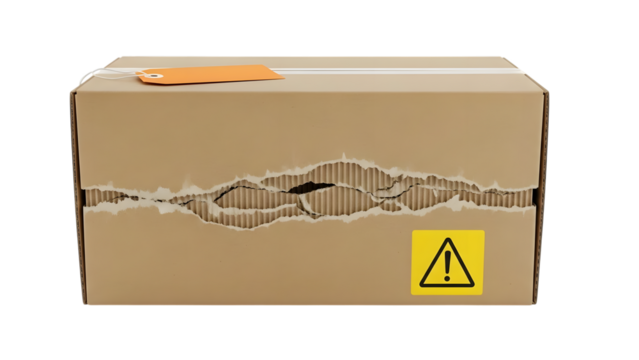Damaged cardboard shipping box with torn opening and warning sticker isolated on a transparent background