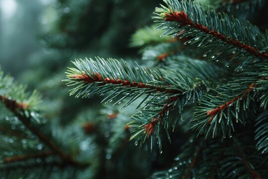 Close-up of wet evergreen branches in a forest on a foggy day.