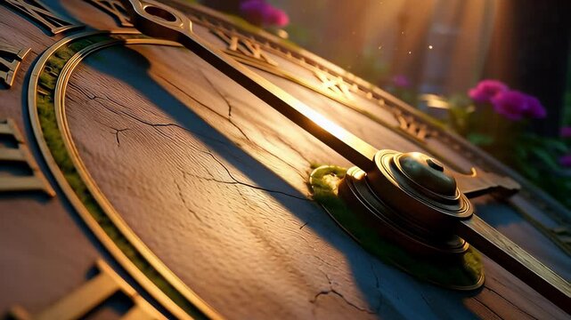 Golden sunlight casting moving shadows across an antique stone clock face with Roman numerals in a cinematic 3D animation, illustrating the passage of time.