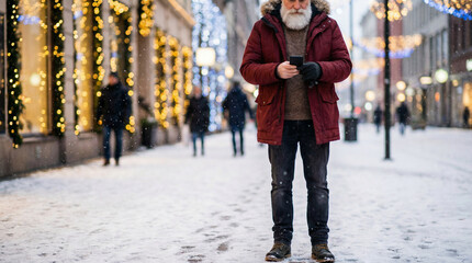 A modern Santa in a red parka checks his smartphone on a snowy city sidewalk, illuminated by soft glowing lights, blending technology and holiday spirit in a crisp, lifelike winter scene.
