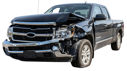 Damaged dark gray pickup truck with crumpled front end and open hood isolated on a transparent background