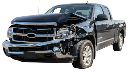 Damaged dark gray pickup truck with crumpled front end and open hood isolated on a transparent background