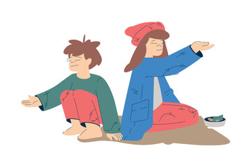 Homeless Boy and Girl Kid Beg for Money in the Street Vector Illustration