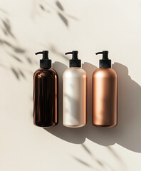 Luxury hair care products in rose gold, brown, and light beige tones, showcasing elegant and minimalist aesthetic for premium beauty.