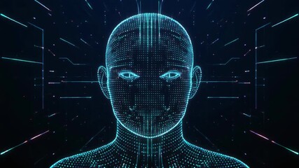 Futuristic digital human face formed by glowing blue particles and circuit board lines abstract - Powered by Adobe