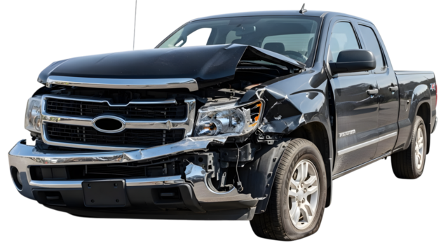 Damaged dark gray pickup truck with crumpled front end and open hood isolated on a transparent background