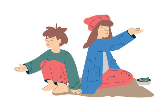 Homeless Boy and Girl Kid Beg for Money in the Street Vector Illustration