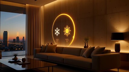 Futuristic smart home interface projecting a holographic temperature control thermostat on a concrete wall in a modern living room at dusk, visualizing energy efficiency concepts in 3D animation - Powered by Adobe