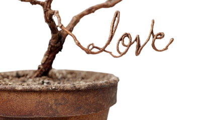 PNG of A close-up of a twisted wire sculpture spelling 'Love' emerging from a rustic flower pot.
