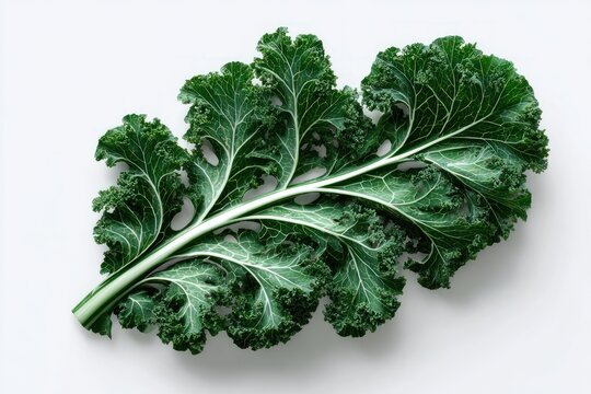 A single, fresh green kale leaf is displayed against a white background. - Powered by Adobe
