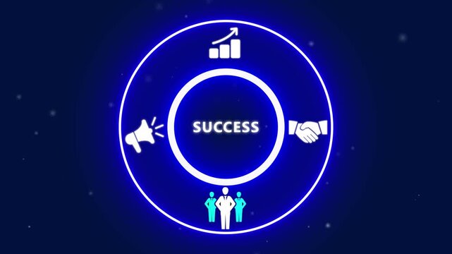 Neon Circle Diagram with Business Icons and the Word SUCES for Growth Marketing Teamwork and Strategy