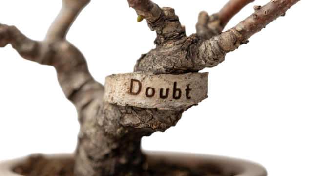 PNG of A close-up of a bonsai tree showcasing a bark inscription 'Doubt,' symbolizing resilience and introspection.