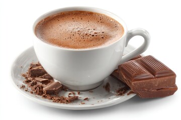 Obraz premium A warm cup of hot chocolate with chocolate pieces and shavings on a saucer.