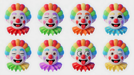 Obraz premium Eight cartoon clown faces with different expressions and colorful hair and ruffled neck collars