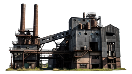 Abandoned industrial factory complex with tall smokestacks and corrugated metal siding isolated on a transparent background