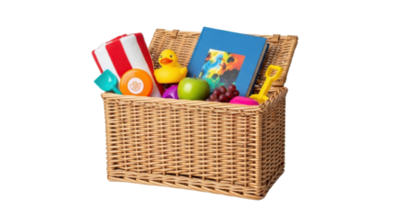 Picnic basket filled with toys, book, and fruits isolated PNG with Transparent Background