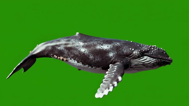 Humpback whale swimming against a solid green screen background