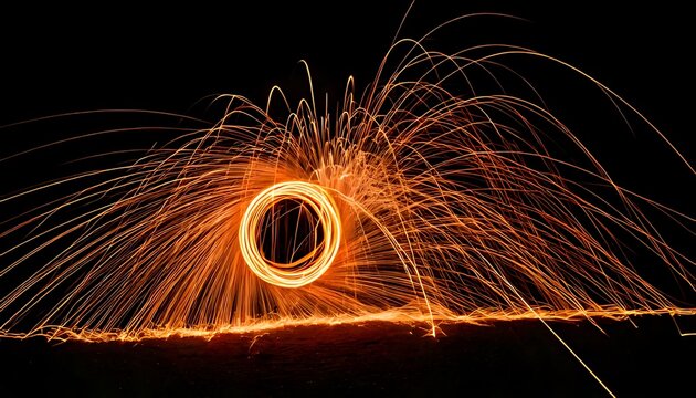 Fractal flash art of orange firework explosion in the black night sky, a vibrant pattern of light and motion