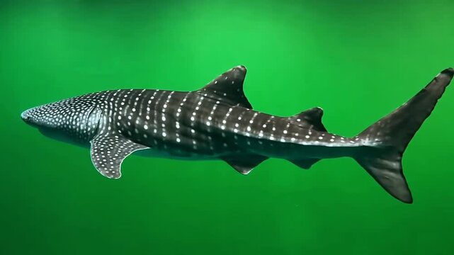 Whale shark swimming in vibrant green water, closeup profile view