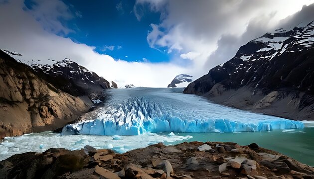 Scenic winter view of Lake Louise in Banff National Park with snow-capped mountains and frozen glacier water