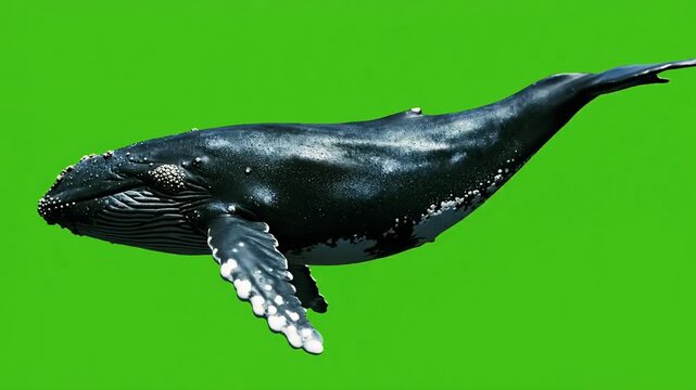 Humpback whale swimming against a bright green screen background