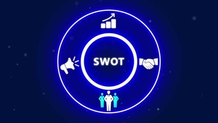Neon SWOT Analysis Icons Connected in Flowchart with Glowing Text SWOT - Powered by Adobe