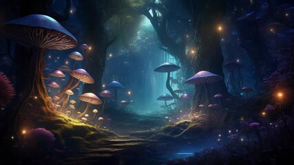Enchanted forest pathway glowing mushrooms magical woodland fantasy nature scene ethereal light - Powered by Adobe