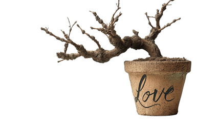 PNG of A rustic pot labeled 'love' features a unique, gnarled branch extending from the soil.