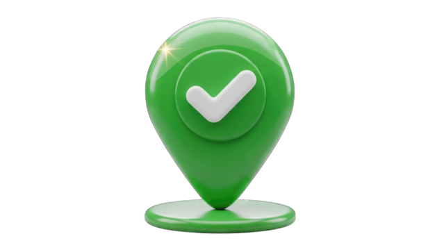 3d green map pin icon with white check mark isolated on transparent background - Powered by Adobe