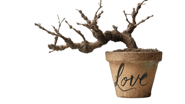 PNG of A rustic pot labeled 'love' features a unique, gnarled branch extending from the soil.