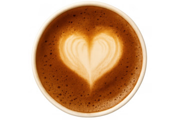 Coffee latte art forming a heart shape in a cup with transparent background, expressing love and passion