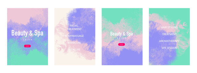 Pastel halftone beauty spa salon banner set. Wellness center, cosmetics brand, nail salon, aromatherapy, yoga studio concept. Soft grain texture modern vector illustration.