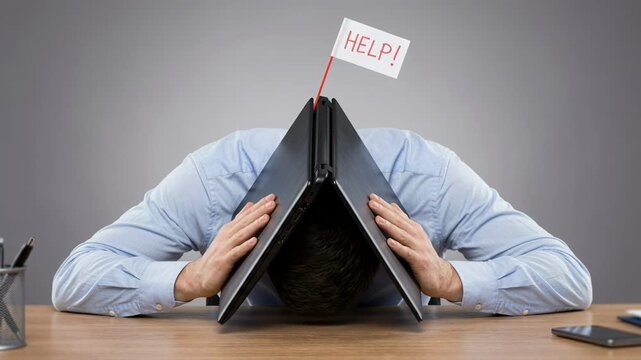 Overwhelmed businessman hides under a laptop with a help flag. Stressed employee suffering from burnout and work pressure. Corporate failure concept