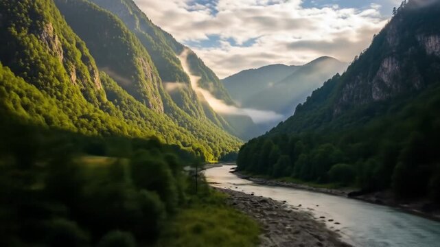 A Serene River Flows Through Lush Green Mountains and Valleys Creating a Scenic Landscape