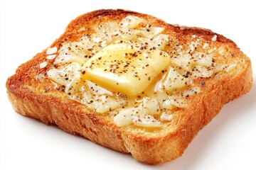 A slice of buttered toast seasoned with pepper sits on a white background.