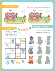 Pages for a children's activity book. The theme is a fairytale kingdom. Defferences, sudoku, and Whose shadow. Fun activities for preschool children. Vector illustration.