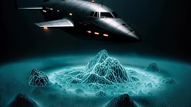 Futuristic submarine scanning deep sea floor with blue digital sonar waves in a cinematic 3D animation, illustrating exploration technology