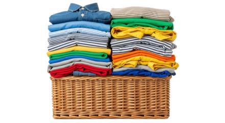 Stack of Folded Clothes in a Wicker Basket isolated PNG with Transparent Background