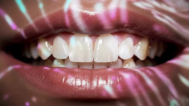 Woman's mouth, beautiful teeth, and glossy lips with vibrant pink light pattern.
