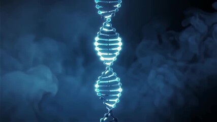 Glowing blue double helix DNA strand against a dark, smoky blue background, representing genetic structure. - Powered by Adobe