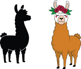 Naklejka premium Cute floral-crowned llamas illustration, adorable alpaca characters, kawaii farm animal art, boho style décor design, charming cartoon llama set