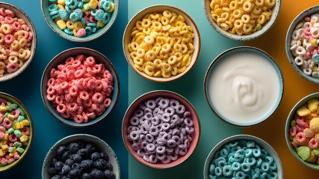 Assorted colorful breakfast cereal shapes in small bowls with milk and variety of textures close-up